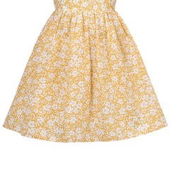 Girls Dress Cotton A Line Yellow Floral Lace Collar Puff Short Sleeve Size 4-8 Years