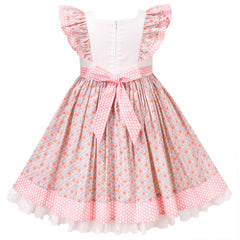 Girls Dress Vintage Pink Floral Square Collar Embroidery Layered Flutter Sleeve Size 3-7 Years