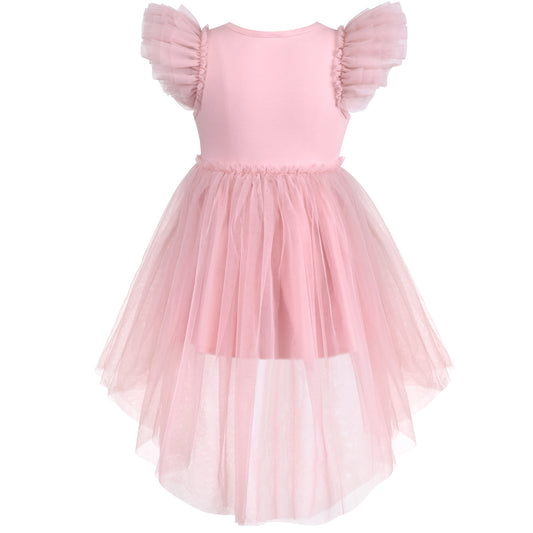 Girls Dress Sequin Wedding Hi-low Tulle Skirt Tutu Flutter Sleeve Size 3-12 Years