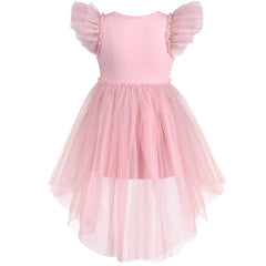 Girls Dress Pink Sequin Wedding Hi-low Tulle Skirt Tutu Flutter Sleeve Size 4-8 Years