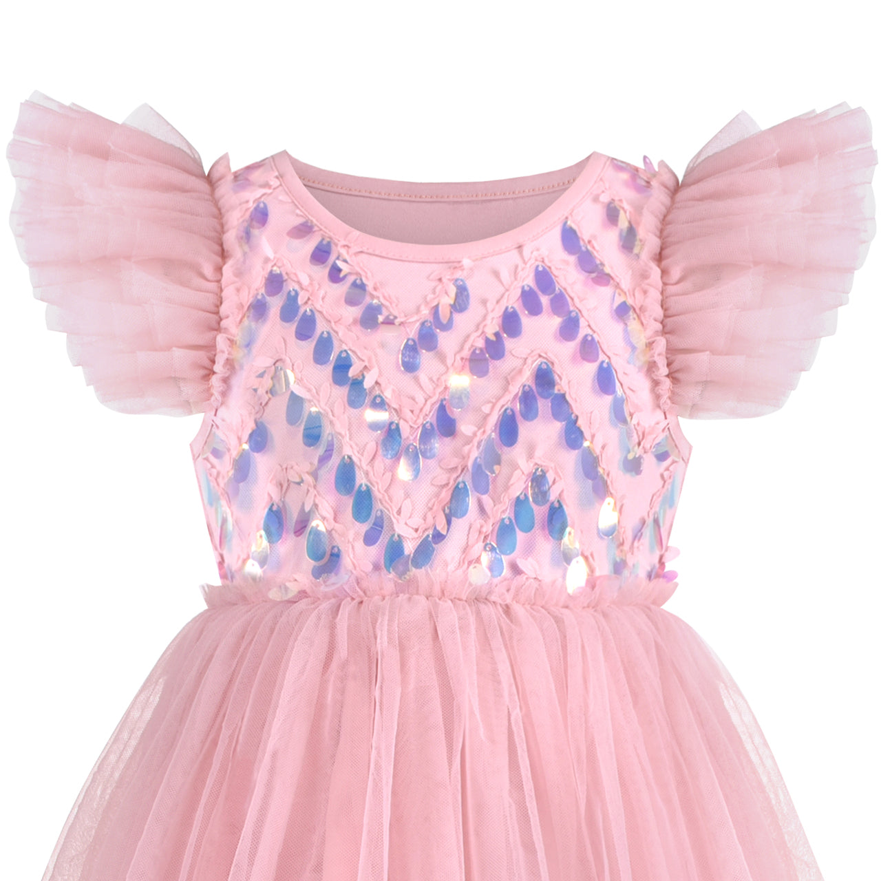 Girls Dress Sequin Wedding Hi-low Tulle Skirt Tutu Flutter Sleeve Size 3-12 Years