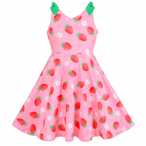 Girls Dress Pink Strawberry V-neck Sweet Summer Sleeveless Casual Size 4-8 Years