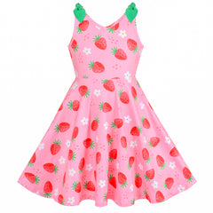 Girls Dress Pink Strawberry V-neck Sweet Summer Sleeveless Casual Size 4-8 Years