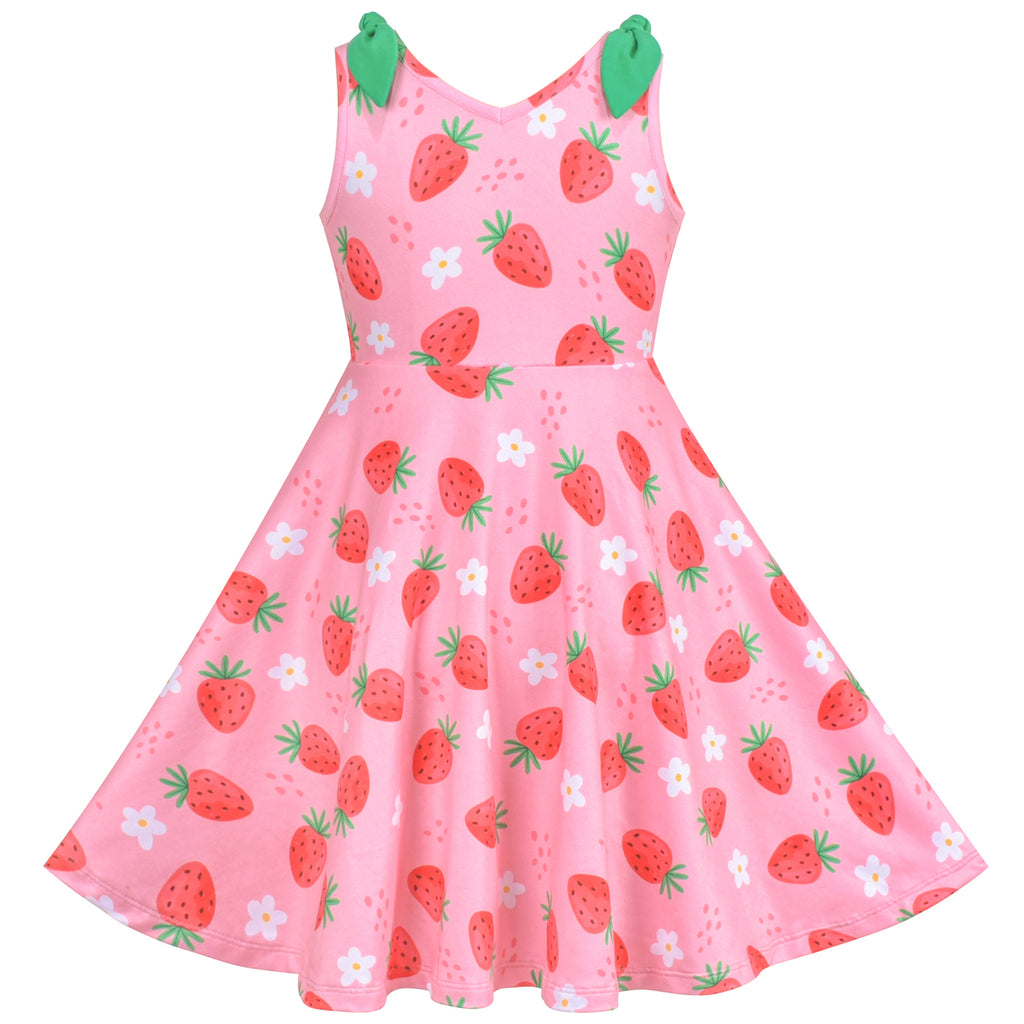 Girls Dress Pink Strawberry V-neck Sweet Summer Sleeveless Casual