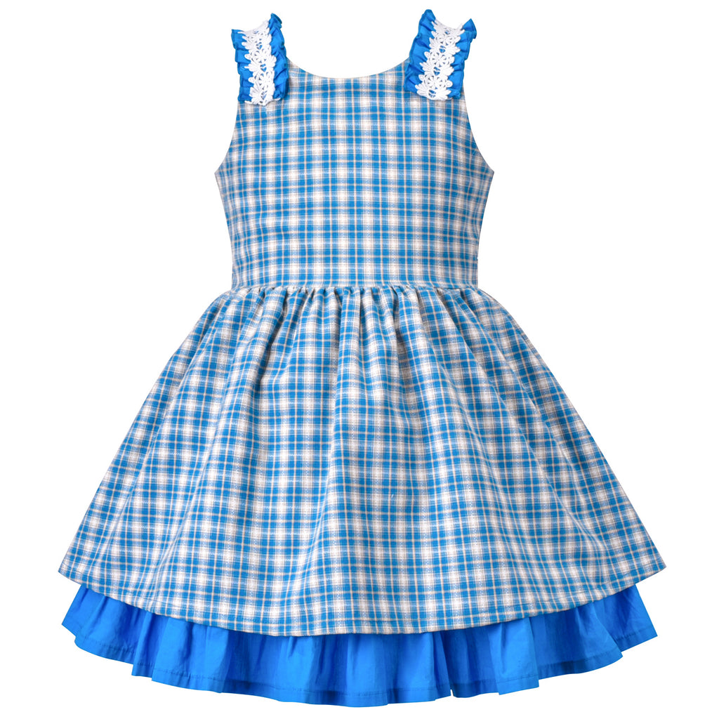 Girls Dress Vintage Blue Plaid Stripe Layered Lace Ruffle Sleeveless Size 4-8 Years