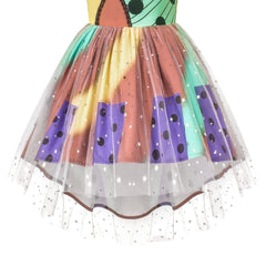 Girls Dress Halloween Color Block Tulle Skirt Multi-color Ruffle Sleeve Size 4-8 Years