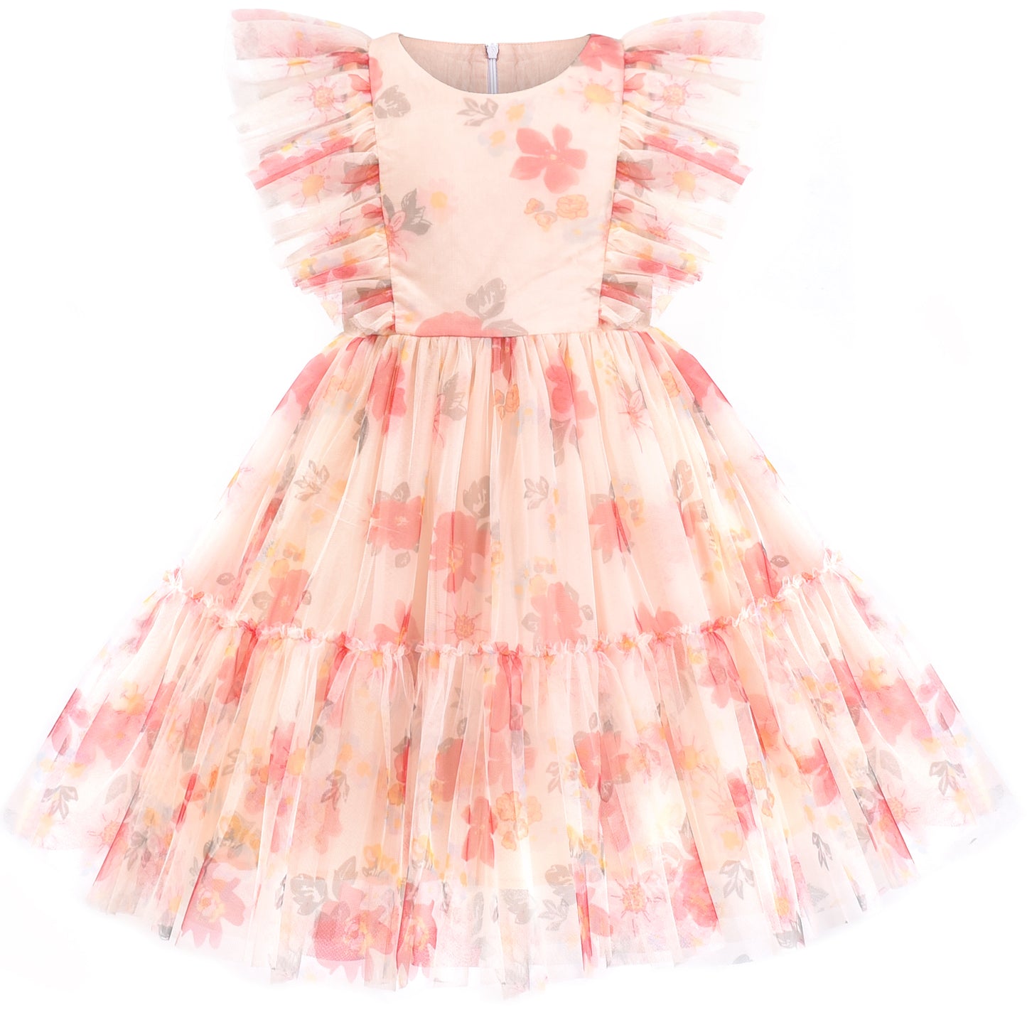 Girls Dress Floral Ruffle Tulle Skirt Flutter Flare Sleeve Size 4-10 Years