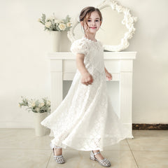 Girls Dress Floral White Lace Pearl Heart Maxi Princess Short Sleeve Size 6-12 Years