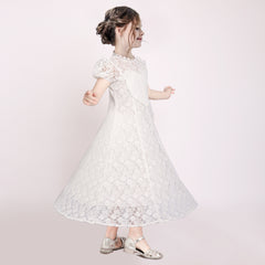 Girls Dress Floral White Lace Pearl Heart Maxi Princess Short Sleeve Size 6-12 Years