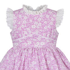 Girls Dress Purple Floral Sweet Stand Collar Puffy Ruffle Short Sleeve Size 4-8 Years