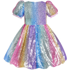Girls Dress Sequin Shiny Rainbow Color Puffy Ruffle Bud Short Sleeve Size 4-8 Years