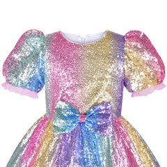 Girls Dress Sequin Shiny Rainbow Color Puffy Ruffle Bud Short Sleeve Size 4-8 Years