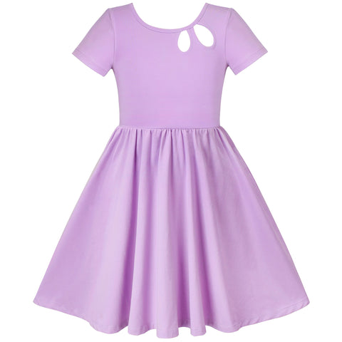 Girls Dress Cotton Purple O-neck Hollow Back Short Sleeve Size 4-8 Years
