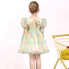 Girls Dress Rainbow Color Hollow Back Big Bow Tie Sweet Bud Short Sleeve Size 4-8 Years