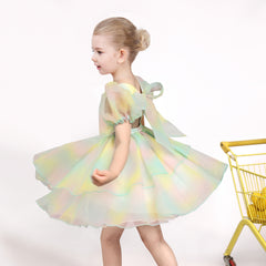 Girls Dress Rainbow Color Hollow Back Big Bow Tie Sweet Bud Short Sleeve Size 4-8 Years
