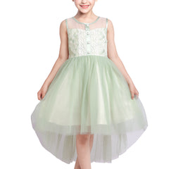 Girls Dress Floral Lace Top Button Tulle Skirt Hi-lo Green Sleeveless Size 7-14 Years