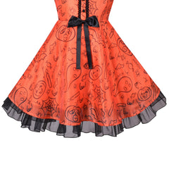 Girls Dress Halloween Bat Collar Orange Ghost Black Ruffle Spider Sleeveless Size 4-12 Years