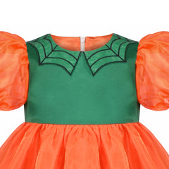 Girls Dress Halloween Spider Net Collar Orange Pumpkin Puffy Bubble Sleeve Size 4-8 Years