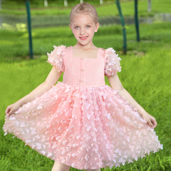 Girls Dress 3D Butterfly Pink Lace Top Sweet Square Collar Short Sleeve Size 5-10 Years