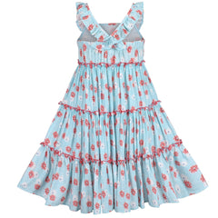 Girls Dress Blue Cotton Flower Square Collar A Line Ruffle Flare Short Sleeve Size 3-7 Years