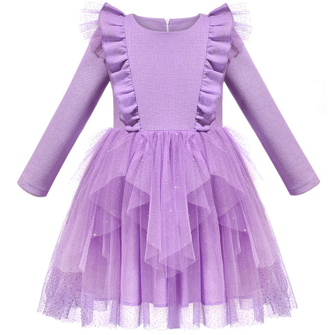 Girls Dress Purple Glitter Tulle Zigzag Trim Ruffle Flare Long Sleeve Size 6-12 Years