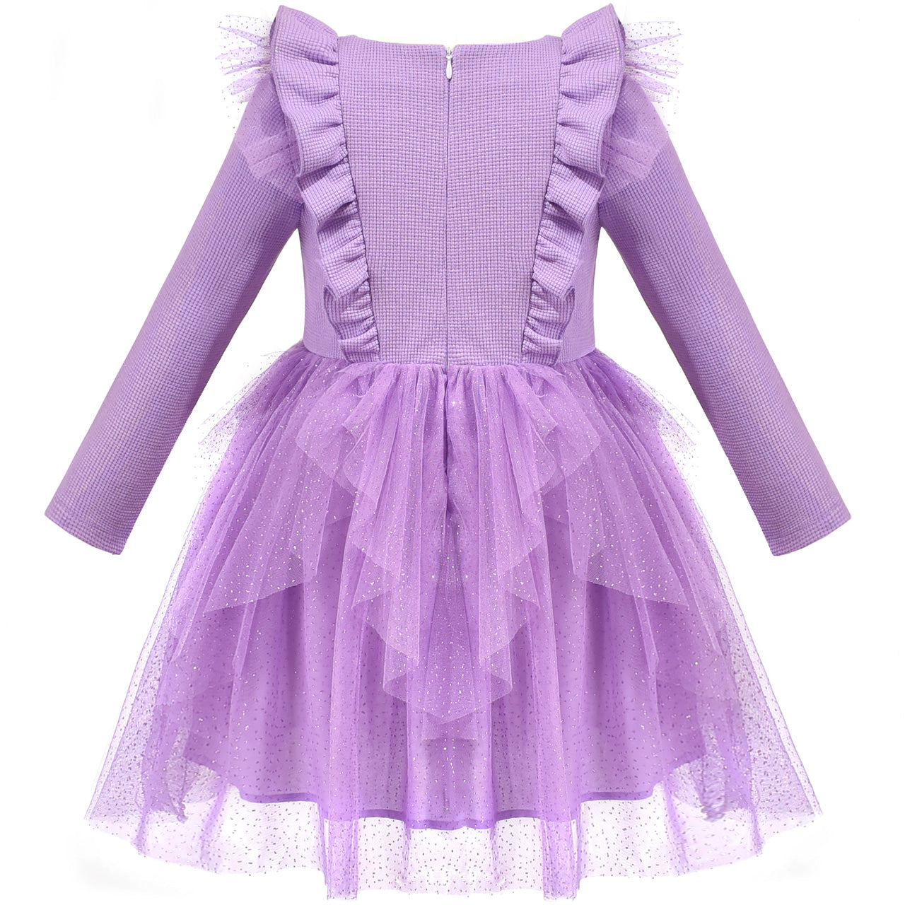 Girls Dress Purple Glitter Tulle Zigzag Trim Ruffle Flare Long Sleeve Size 6-12 Years