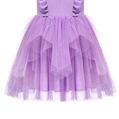 Girls Dress Purple Glitter Tulle Zigzag Trim Ruffle Flare Long Sleeve Size 6-12 Years