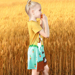 Girls Dress T-shirt Autumn Carrot Harvest Field Rabbit Dog Short Sleeve Size 3-8 Years