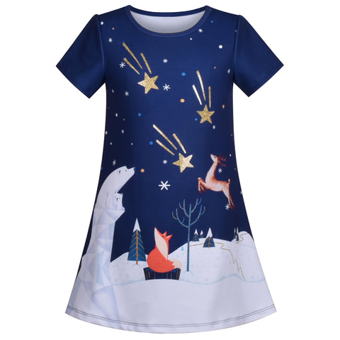 Girls Dress T-shirt Christmas Deer Snow Winter Star Night Bear Fox Short Sleeve Size 3-8 Years
