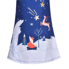 Girls Dress T-shirt Christmas Deer Snow Winter Star Night Bear Fox Short Sleeve Size 3-8 Years