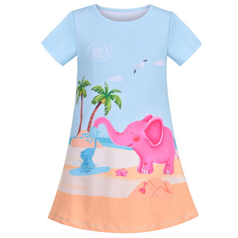 Girls Dress Tee Elephant Summer Beach Sand Tropical Coconut Hawaiian Size 3-8 Years
