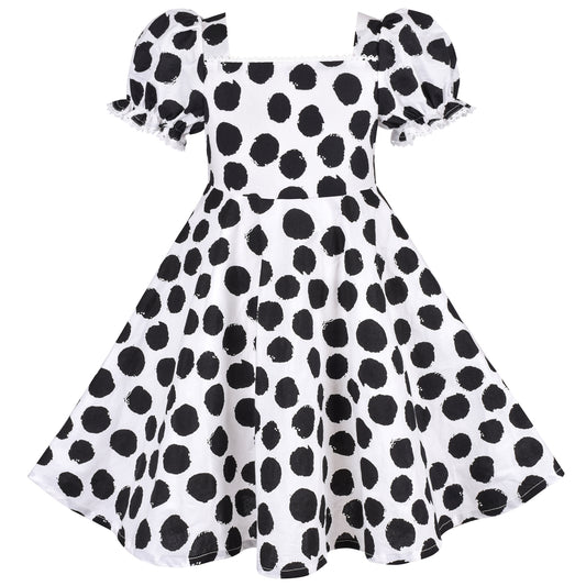 Girls Dress Dot Square Collar Lace Trim Puffy Skirt Bud Short Sleeve Size 4-12 Years