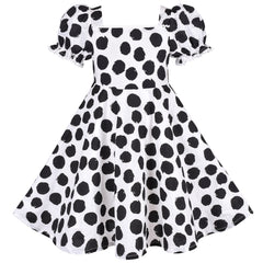 Girls Dress Dot Square Collar Lace Trim Puffy Skirt Bud Short Sleeve Size 4-12 Years