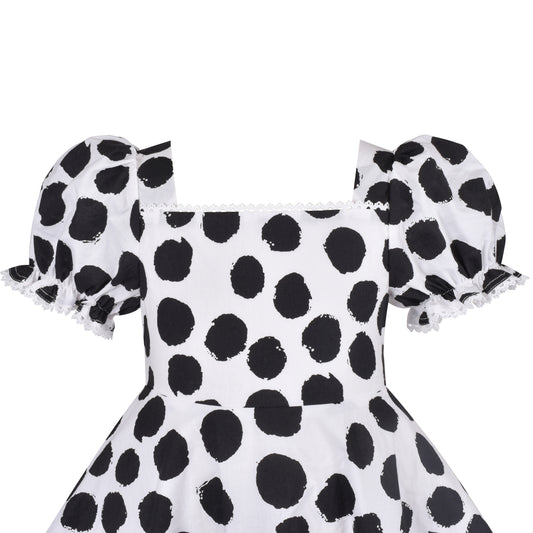 Girls Dress Dot Square Collar Lace Trim Puffy Skirt Bud Short Sleeve Size 4-12 Years