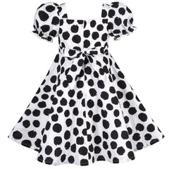 Girls Dress Dot Square Collar Lace Trim Puffy Skirt Bud Short Sleeve Size 4-12 Years