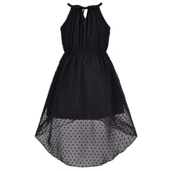 Girls Dress Black Swiss Dot Hi-lo Skirt Sweet Halter Sleeveless Size 6-12 Years