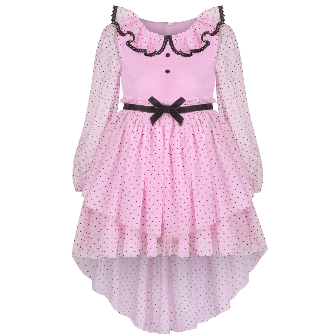 Girls Dress Polka Dot Lace Ruffle Velvet Hi-lo Skirt Bubble Long Sleeve Size 5-10 Years