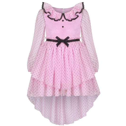 Girls Dress Polka Dot Lace Ruffle Velvet Hi-lo Skirt Bubble Long Sleeve Size 5-10 Years