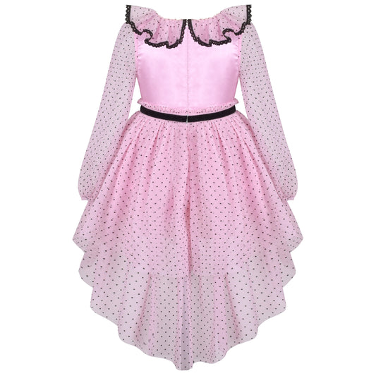 Girls Dress Polka Dot Lace Ruffle Velvet Hi-lo Skirt Bubble Long Sleeve Size 5-10 Years
