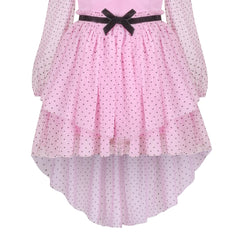 Girls Dress Pink Polka Dot Lace Ruffle Velvet Hi-lo Skirt Bubble Long Sleeve Size 5-10 Years