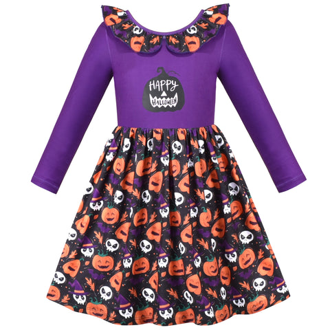 Girls Dress Halloween Purple T-shirt Backless Pumpkin Face Long Sleeve Size 4-8 Years