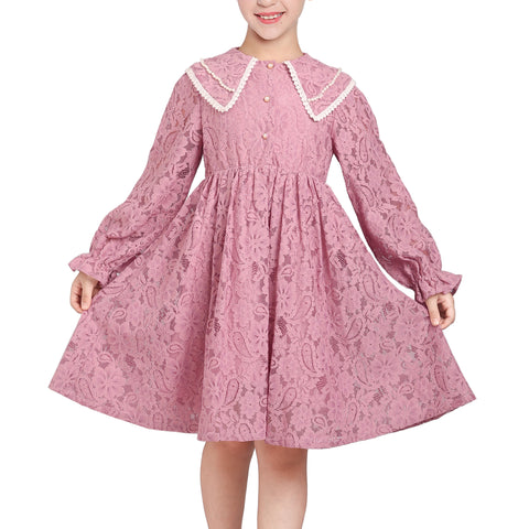 Girls Dress Dusty Rose Lace Sweet Vintage Pearl Button Long Sleeve Size 4-8 Years