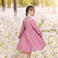 Girls Dress Dusty Rose Lace Sweet Vintage Pearl Button Long Sleeve Size 4-8 Years