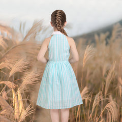 Girls Dress Halter Blue White Stripe Summer Cotton Sleeveless Size 5-10 Years