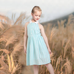 Girls Dress Halter Blue White Stripe Summer Cotton Sleeveless Size 5-10 Years
