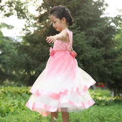 Girls Dress Pink Gradient Color Party Pageant Flower Lace Top Sleeveless Size 6-12 Years