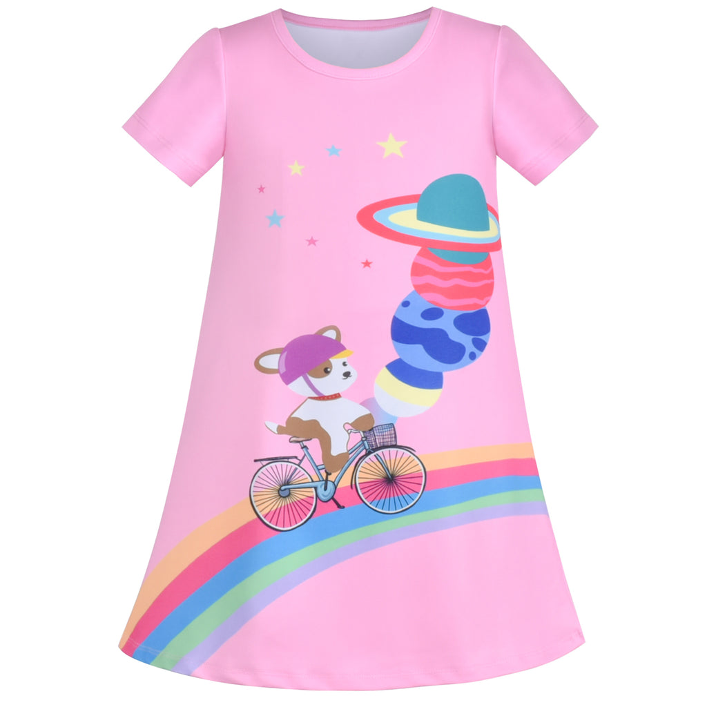 Girls Dress T-shirt Pink Rainbow Dog Bicycle Planet Star Short Sleeve Size 3-8 Years