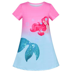 Girls Dress T-shirt Mermaid Sequin Tail Gradient Pink Fairy Tale Short Sleeve Size 3-8 Years