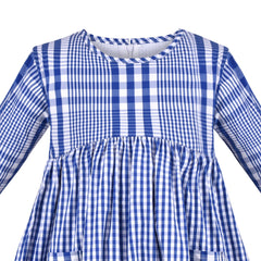 Girls Dress Blue Plaid Vintage Fall Ruffle Pocket 3/4 Sleeve Size 4-8 Years