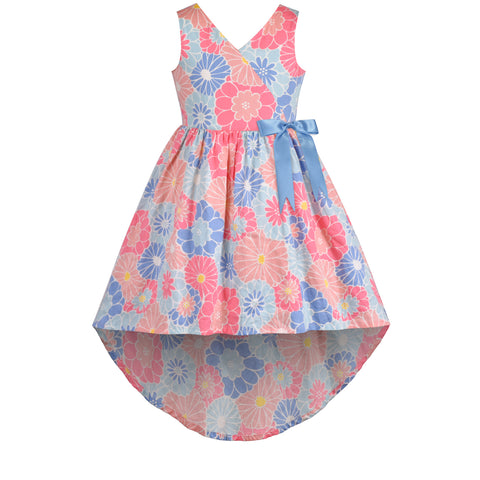 Girls Dress Hi-lo Skirt V Neck A Line Floral Ribbon Bow Tie Sleeveless Size 5-10 Years